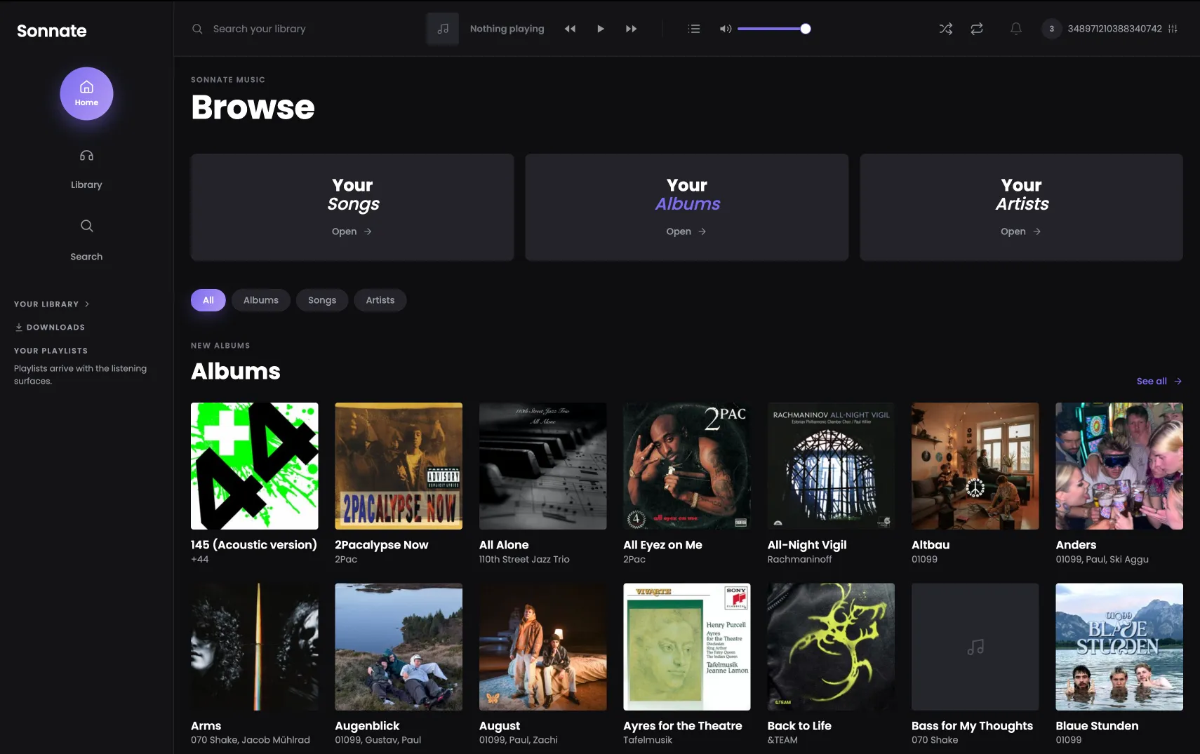 The Sonnate web player in dark mode, showing the Browse view with a wall of album artwork
