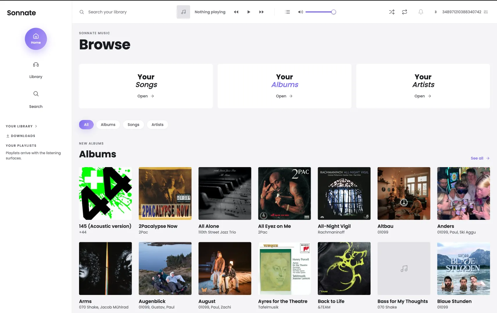The Sonnate web player in light mode, showing the Browse view with a wall of album artwork